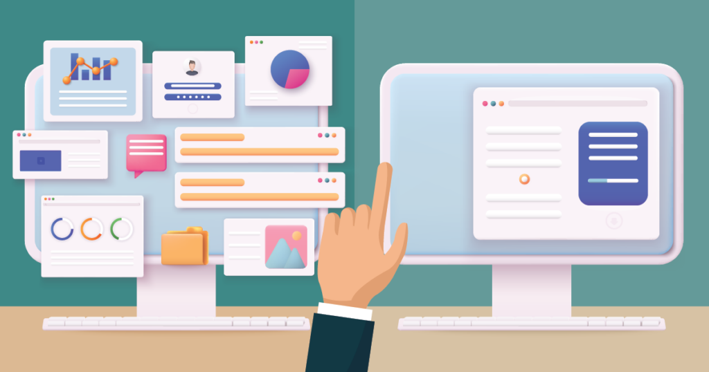 Split graphic showing a computer screen on the left with many windows open and one on the right with only one window open. Hand in the middle is pointing to the right-side computer.